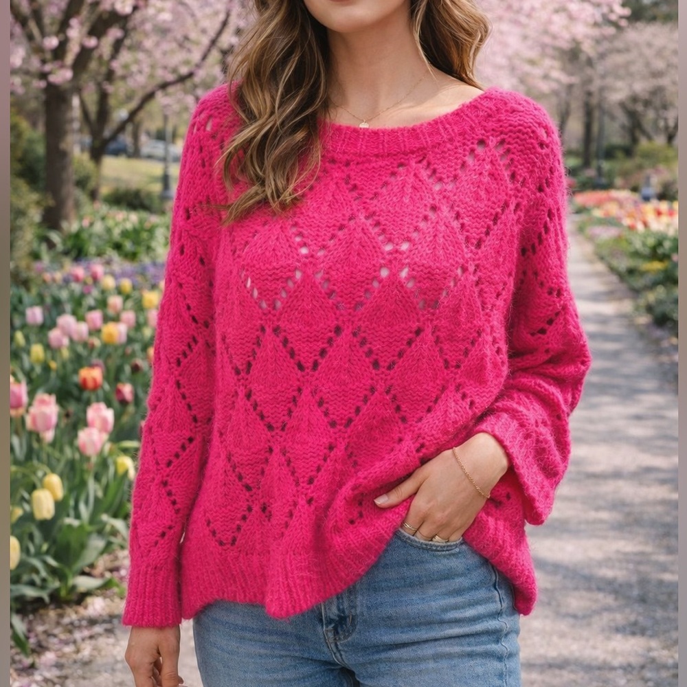 Anthropologie Sleeping on Snow hot pink alpaca blend open knit sweater Sz Large